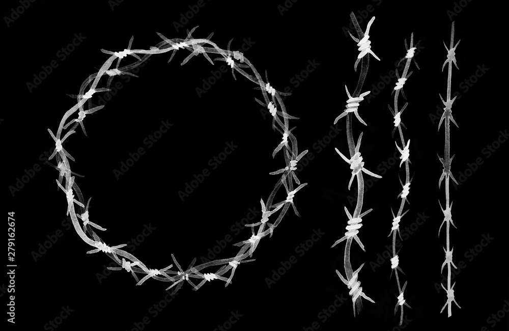 Crown of thorns from barbed wire hand drawn white ink watercolor  illustration. Collection for your design on black background Stock  Illustration | Adobe Stock