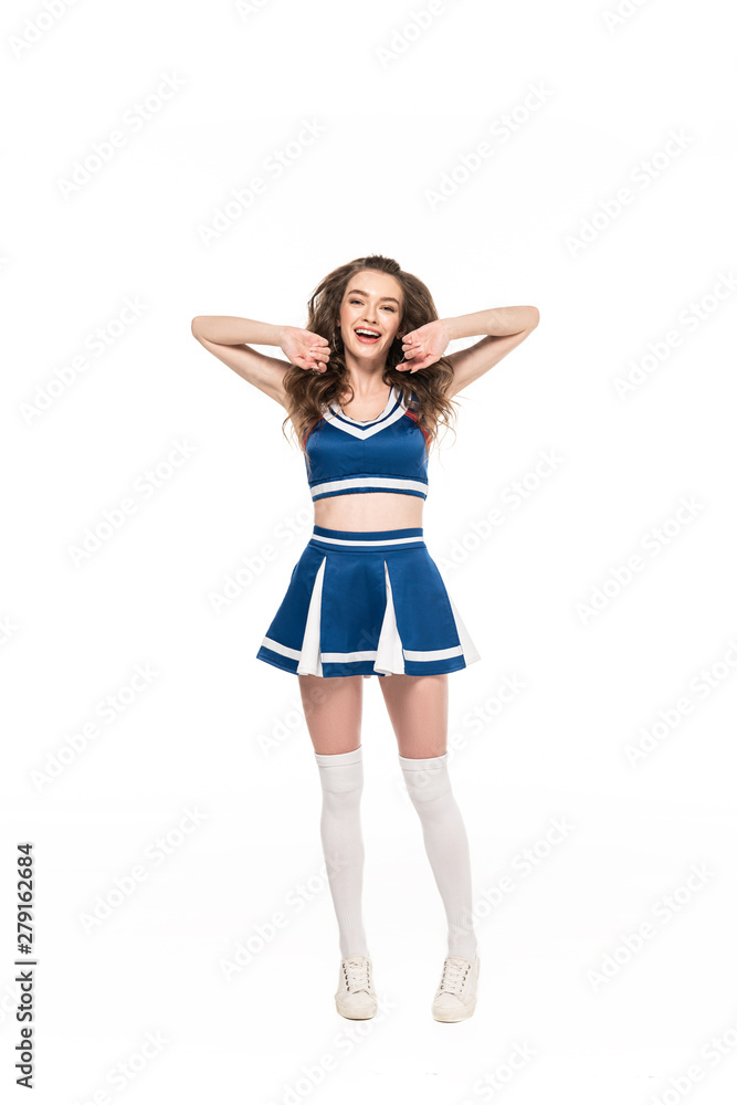 sexy happy cheerleader girl in blue uniform rejoicing isolated on white sexy happy cheerleader girl in blue uniform rejoicing isolated on white