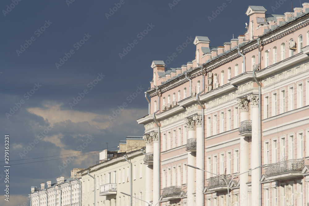 Facade of ancient building on the Strastnoy Boulevard in Moscow in summer sunny day. High resolution image.