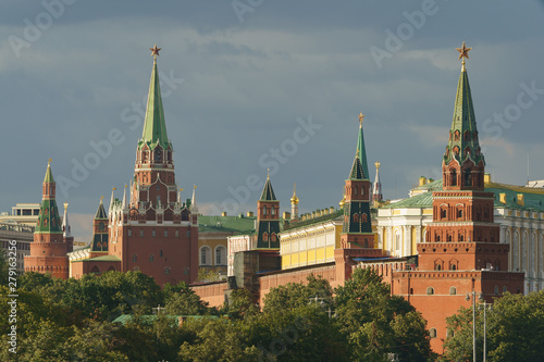 Image of Kremlin Towers with red Stars and the Residence of the President of Russian Federation at the sunny summer day time. High resolution image.
