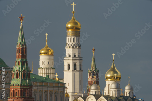 Image of Moscow cityscape. Image of Kremlin Towers, the Residence of the President of Russian Federation, Ivan the Great Bell Tower, Dormition Cathedral at the sunny summer day time. High resolution 