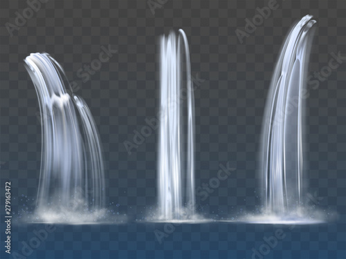 Waterfall cascade, realistic water fall streams set of pure liquid with fog of different shapes isolated on transparent background. River, fountain element for design. Realistic 3d vector illustration