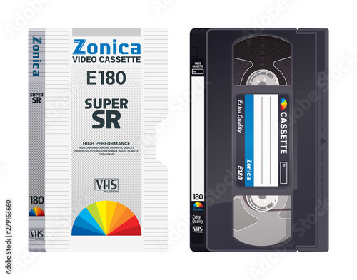 Isolated vintage VHS tape with cover. Vector colored illustration on light background. Original retro objects.  ESP10.