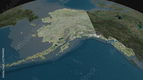 Alaska - state of United States with its capital zoomed on the satellite map of the globe. Animation 3D