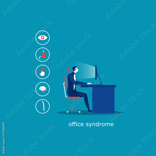 business man sit on chair office Syndrome infographic  ( Hypertension , Glaucoma , Trigger finger , Migraine , Low back pain , Gallstone , Cystitis , Stress , Insomnia , Peptic ulcer 