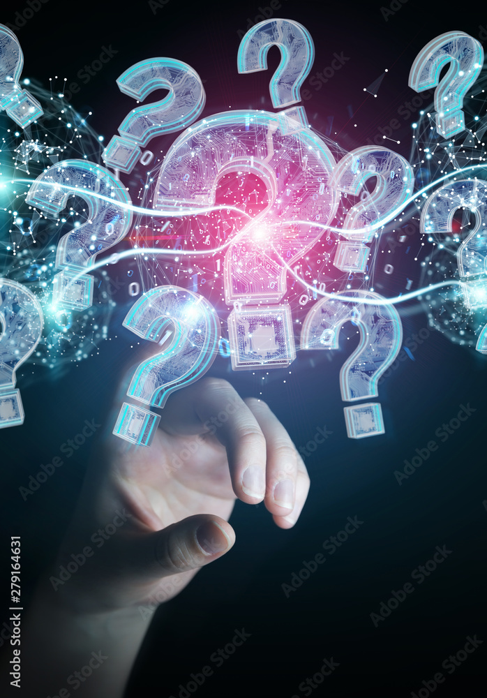 Businesswoman solving problem with digital question marks 3D rendering Businesswoman solving problem with digital question marks 3D rendering