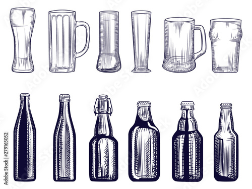 Set of beer bottles and mug. Different Beer glasses. Engraving style.