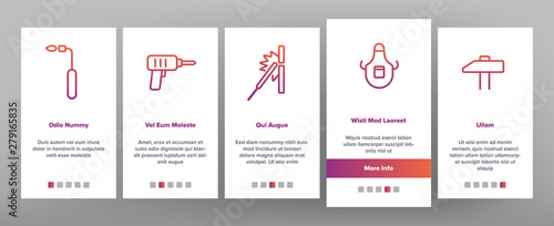 Welding Equipment Icons Vector Onboarding Mobile App Page Screen. Construction, Welding, Brazing Tools, Stuff Thin Line Icons Collection. Welders Instruments, Protective Gear.