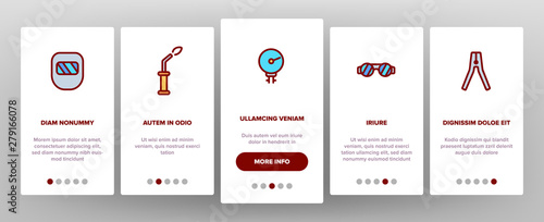 Welding Equipment Icons Vector Onboarding Mobile App Page Screen. Construction, Welding, Brazing Tools, Stuff Thin Line Icons Collection. Welders Instruments, Protective Gear.