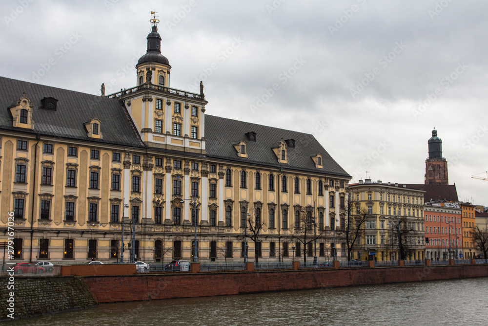 Beautiful historic building on the banks of the Oder River in Wroclaw. Poland