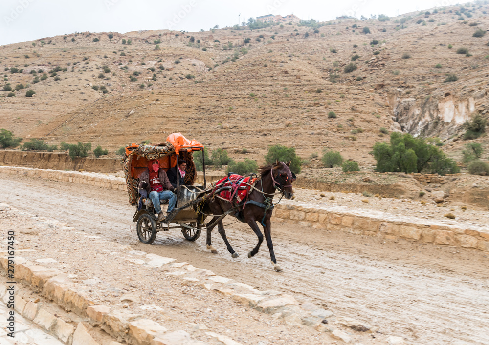 Bedouin carrying tourists in a horse-drawn carriage on the way to Petra near Wadi Musa city in Jordan