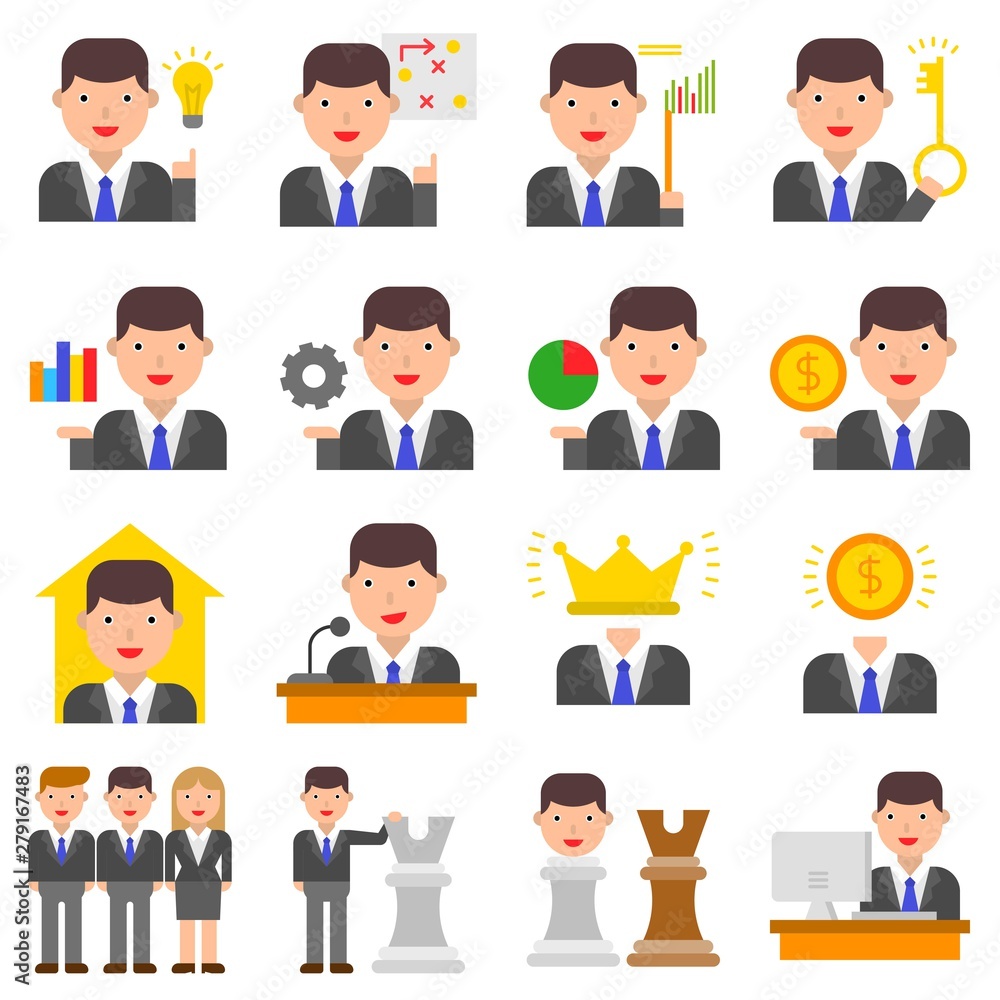 Businessman vector illustration set, flat style icon Businessman vector illustration set, flat style icon