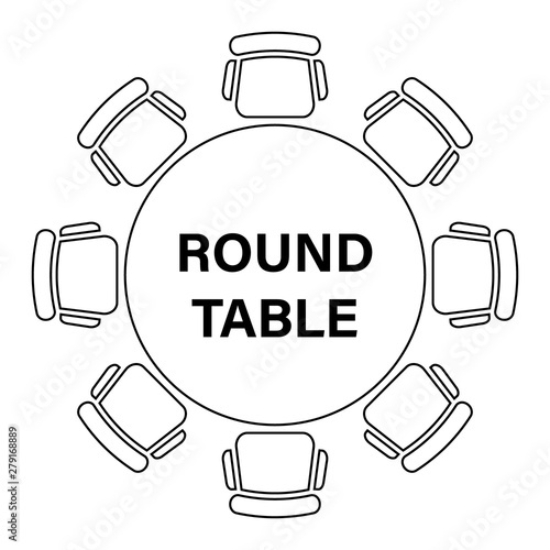 Conference meeting icon. Round table logotype. Dining room furniture top view. Abstract vector background. Round frame.