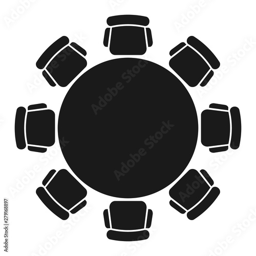 Conference meeting icon. Round table logotype. Dining room furniture top view. Abstract vector background. Round frame.