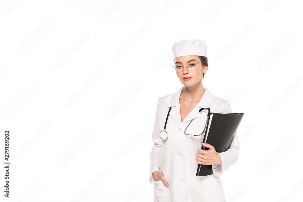 young doctor in white coat with stethoscope and folder isolated on white young doctor in white coat with stethoscope and folder isolated on white