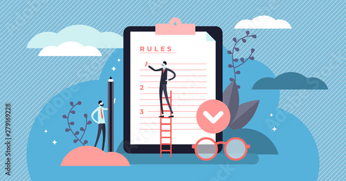 Rules vector illustration. Flat tiny regulations checklist persons concept. photo