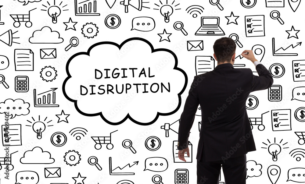 Business, technology, internet and networking concept. Young entrepreneur showing keyword: digital disruption Business, technology, internet and networking concept. Young entrepreneur showing keyword: digital disruption