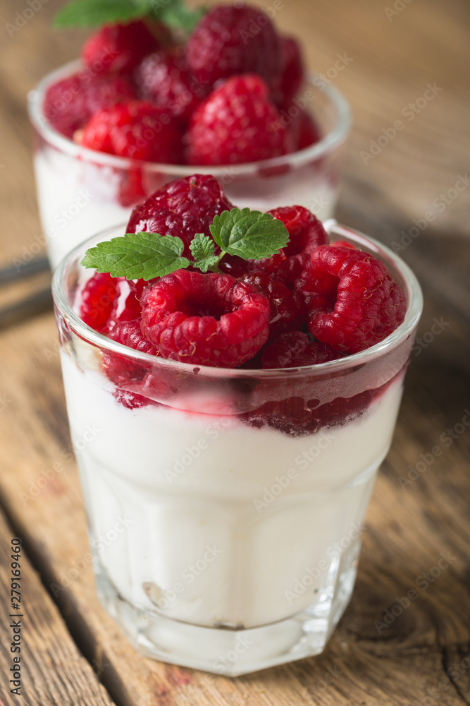 Natural yogurt with fresh raspberries Natural yogurt with fresh raspberries