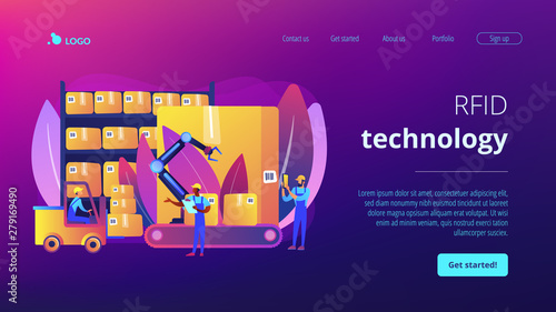 Storehouse employees working, transporting goods boxes. Warehouse logistics, RFID technology use, automation storage service concept. Website homepage landing web page template.