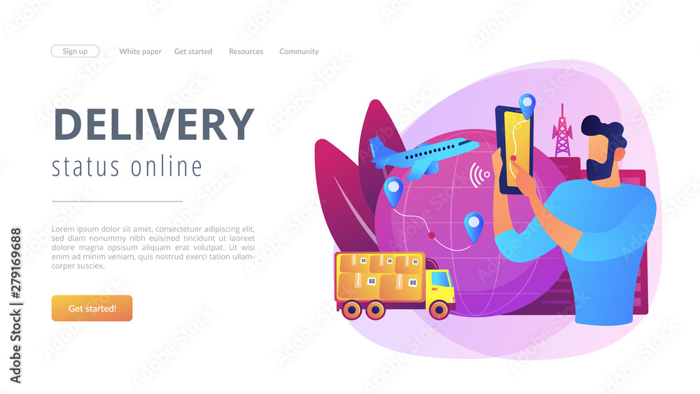 Man check Internet store shipment. Goods worldwide shipping. Smart delivery tracking, track your orders, delivery status online concept. Website homepage landing web page template.