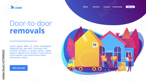 Home relocation, client boxes and cardboard containers in truck. Moving house services, door-to-door removals, best movers service concept. Website homepage landing web page template.
