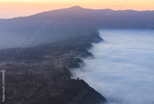 Foggy morning shot of the area surrounding Gunung Bromo, Java, Indonesia