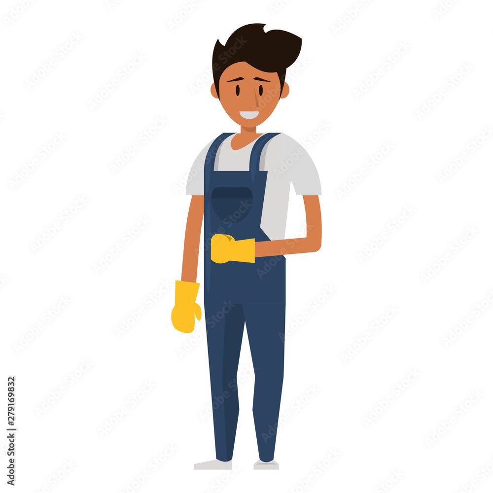 Cleaner worker with cleaning products and equipment