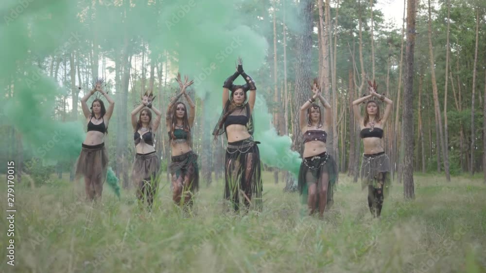 Group of women dancers with make-up and in mystical fabulous costumes dancing in color smoke. Forest fairies, dryads have fun among the trees. Performance of dancers outdoors. Group of women dancers with make-up and in mystical fabulous costumes dancing in color smoke. Forest fairies, dryads have fun among the trees. Performance of dancers outdoors.