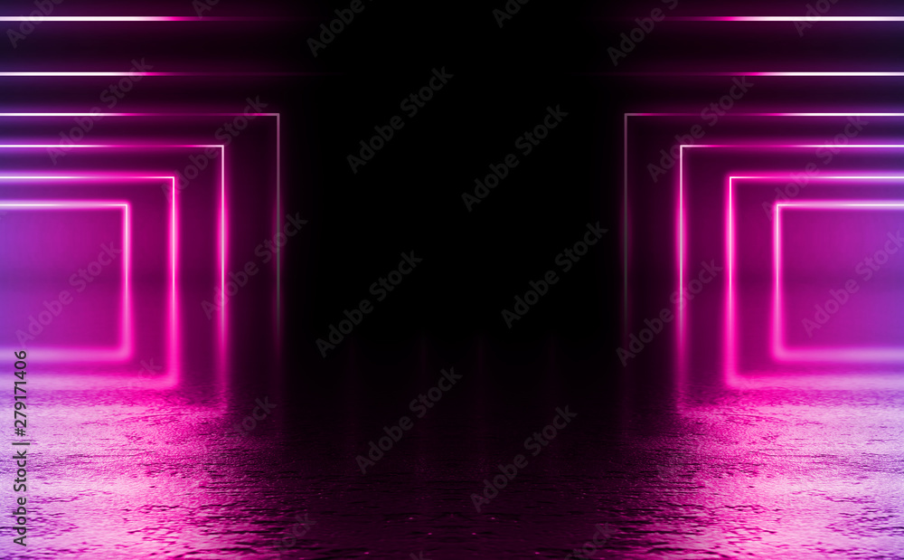 Empty background scene. Dark reflection of the street on the wet asphalt. Rays of neon light in the dark, neon figures, smoke. Background of the dark tunnel. Abstract dark background. Empty background scene. Dark reflection of the street on the wet asphalt. Rays of neon light in the dark, neon figures, smoke. Background of the dark tunnel. Abstract dark background.