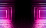 Empty background scene. Dark reflection of the street on the wet asphalt. Rays of neon light in the dark, neon figures, smoke. Background of the dark tunnel. Abstract dark background.