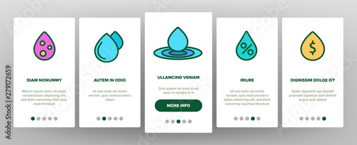 Water Drop Vector Onboarding Mobile App Page Screen. Water Drop with Dollar, Percentage, Recycling. Watering Crops in Agriculture, Sustainable Use, Dirty, Polluted Liquid Illustrations
