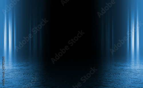 Empty background scene. Dark reflection of the street on the wet asphalt. Rays of neon light in the dark  neon figures  smoke. Background of the dark tunnel. Abstract dark background.