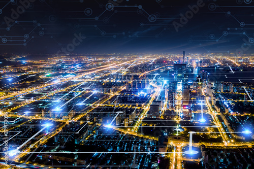 Photography Modern city with wireless network connection concept