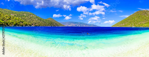 Best beaches of Kefalonia - Antisamos with turquoise waters and green mountains. Greece, Ionian islands
