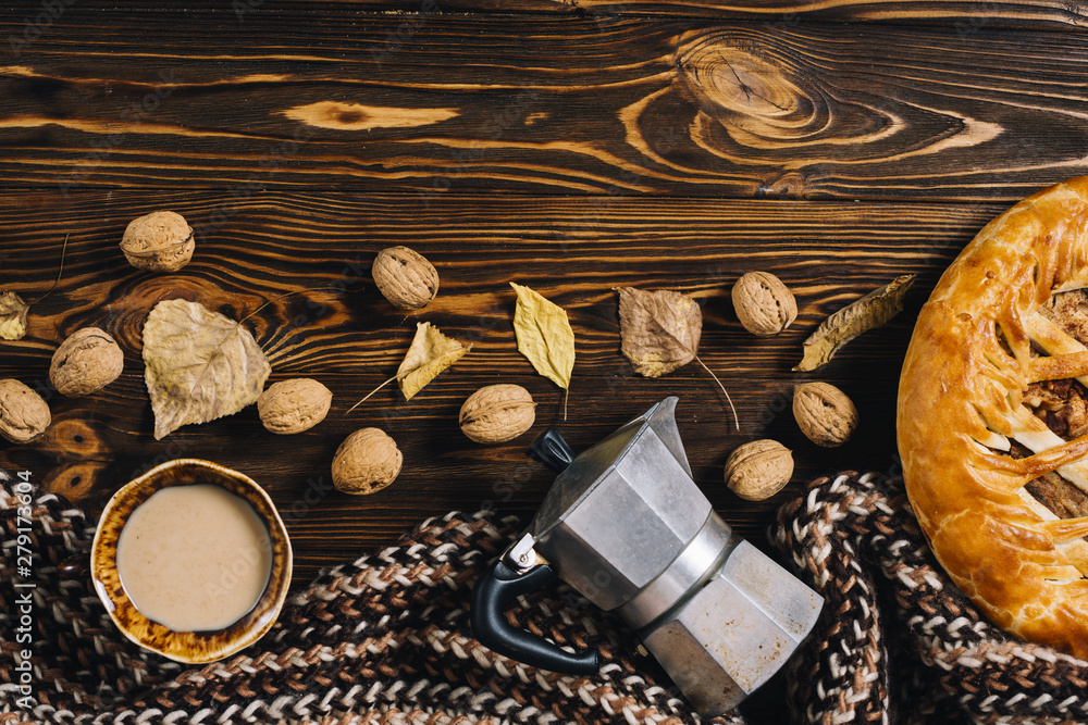 Scarf near autumn snacks and drink Scarf near autumn snacks and drink