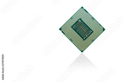 Central Processing Unit (CPU) the bottom side, socket contact for personal computer on isolated white background. photo