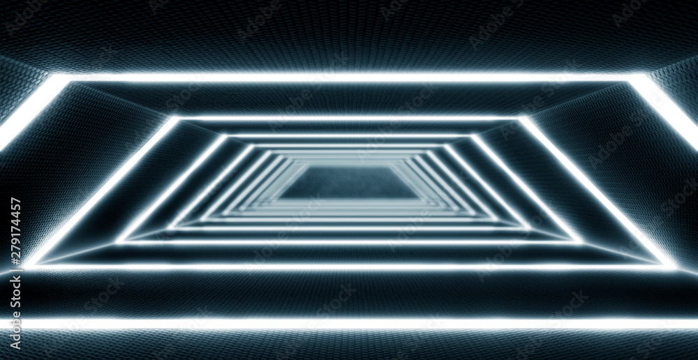 Neon Blue Lighted Sci Fi Futuristic tunnel. Future spaceship corridor. Metal Texture And Grunge background. Sci-fi or science concept. 3D Rendering Neon Blue Lighted Sci Fi Futuristic tunnel. Future spaceship corridor. Metal Texture And Grunge background. Sci-fi or science concept. 3D Rendering
