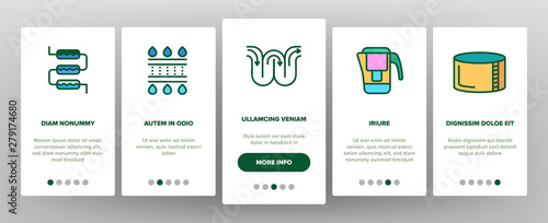 Water Treatment Vector Onboarding Mobile App Page Screen. Water Treatment, Professional Equipment for Purification Linear Pictograms. Antibacterial Filters, Liquid Cleaning Circles System Illustration