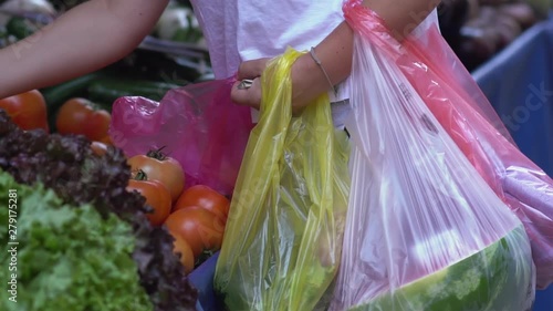 Wallpaper Mural Female customer choosing tomatoes while carrying various plastic shopping bags filled with vegetables at a farmers street market. Torontodigital.ca