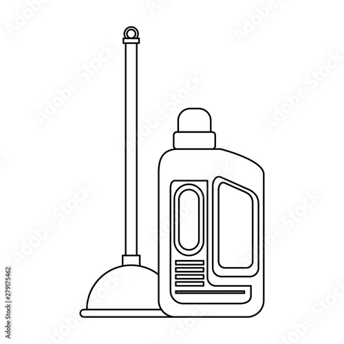 Set of cleaning equipment and products in black and white