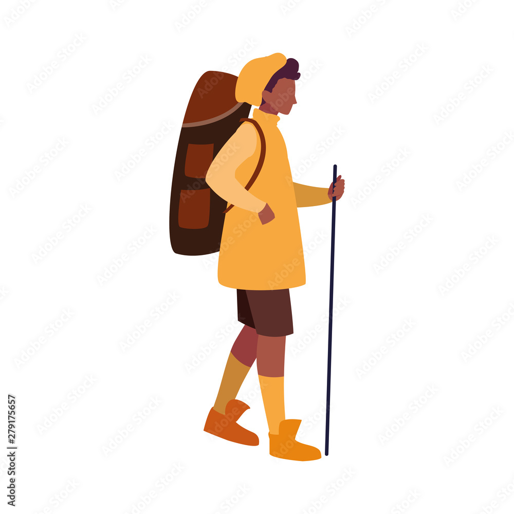 man with backpack and stick hiking traveler man with backpack and stick hiking traveler