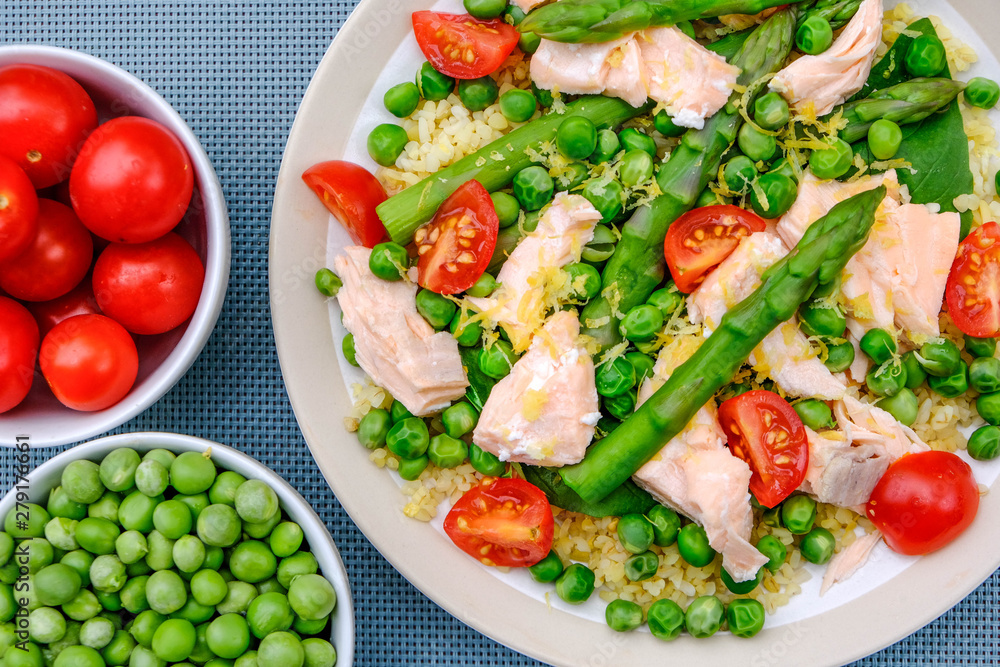 Healthy Summmer Lunch Poached Salmon and Vegetables