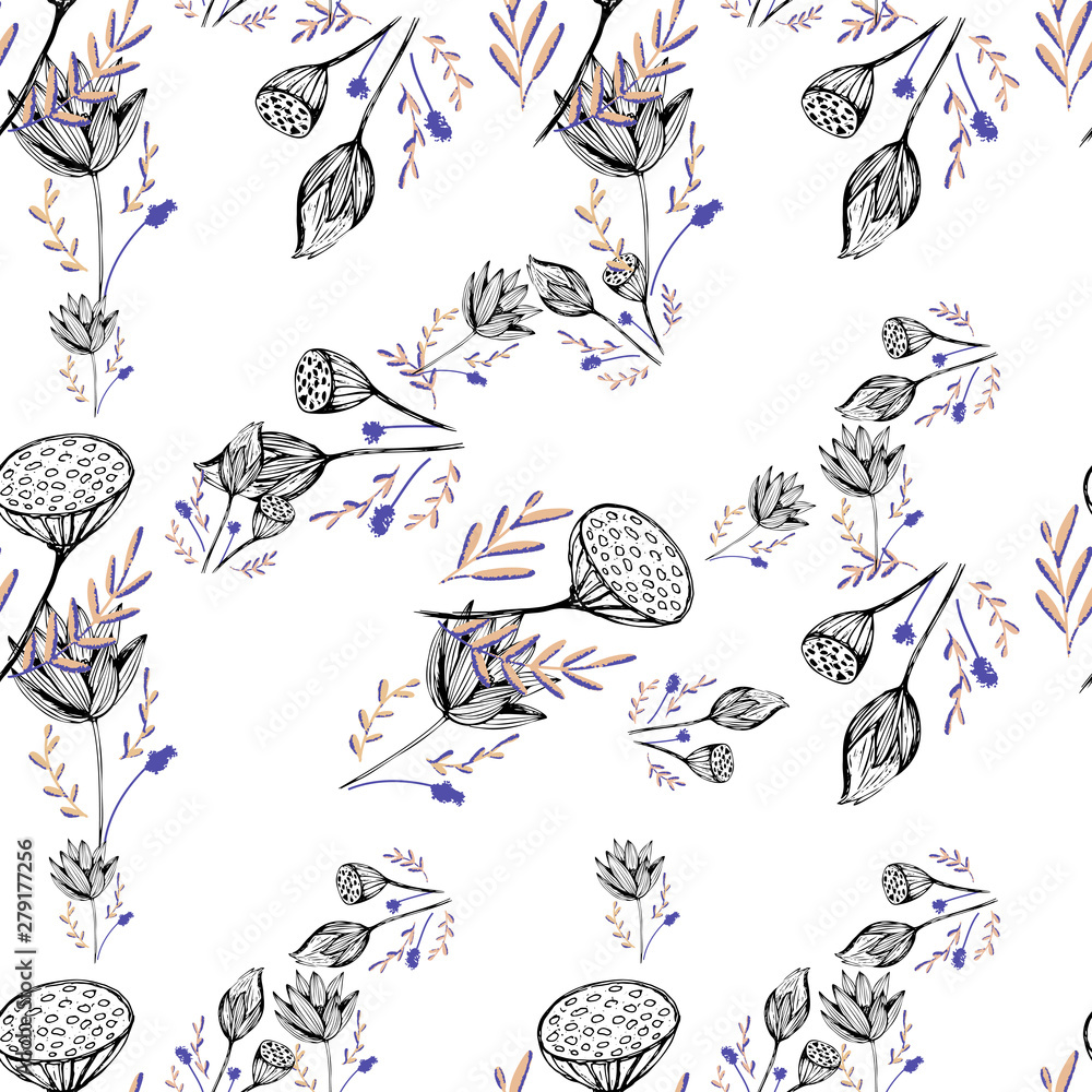 Lotus flower hand drawn in beautiful style. Floral seamless pattern. Simple vector illustration. Lotus flower hand drawn in beautiful style. Floral seamless pattern. Simple vector illustration.