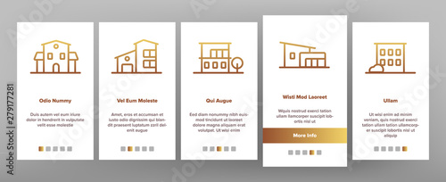 Luxurious Villa, Cottage Vector Onboarding Mobile App Page Screen. Fashionable House, Villa Thin Line Contour Symbols Pack. Real Estate Business. Suburban Manor Exterior Illustrations