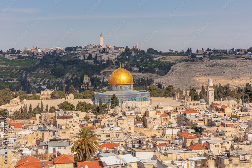 View on the mosque Dome of the Rock and Orthodox Church of Maria Magdalena