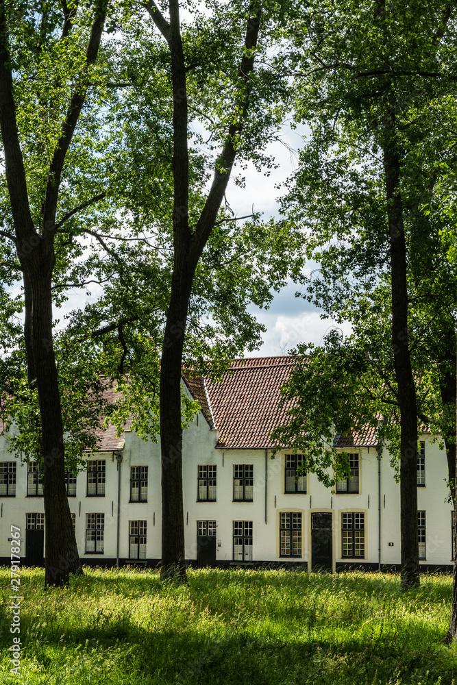 Bruges, Flanders, Belgium - June 17, 2019: Enclosed central park of Beguinage comes with green lawn and lots of tall dark trunked trees and green foliage hiding the sky, White houses in back. Bruges, Flanders, Belgium - June 17, 2019: Enclosed central park of Beguinage comes with green lawn and lots of tall dark trunked trees and green foliage hiding the sky, White houses in back.