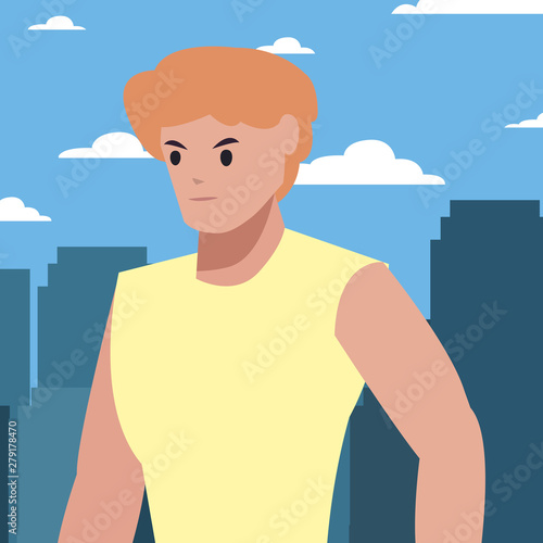 man avatar character cityscape background