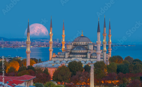 The Sultanahmet Mosque (Blue Mosque) with full moon - Istanbul, Turkey "Elements of this image furnished by NASA"