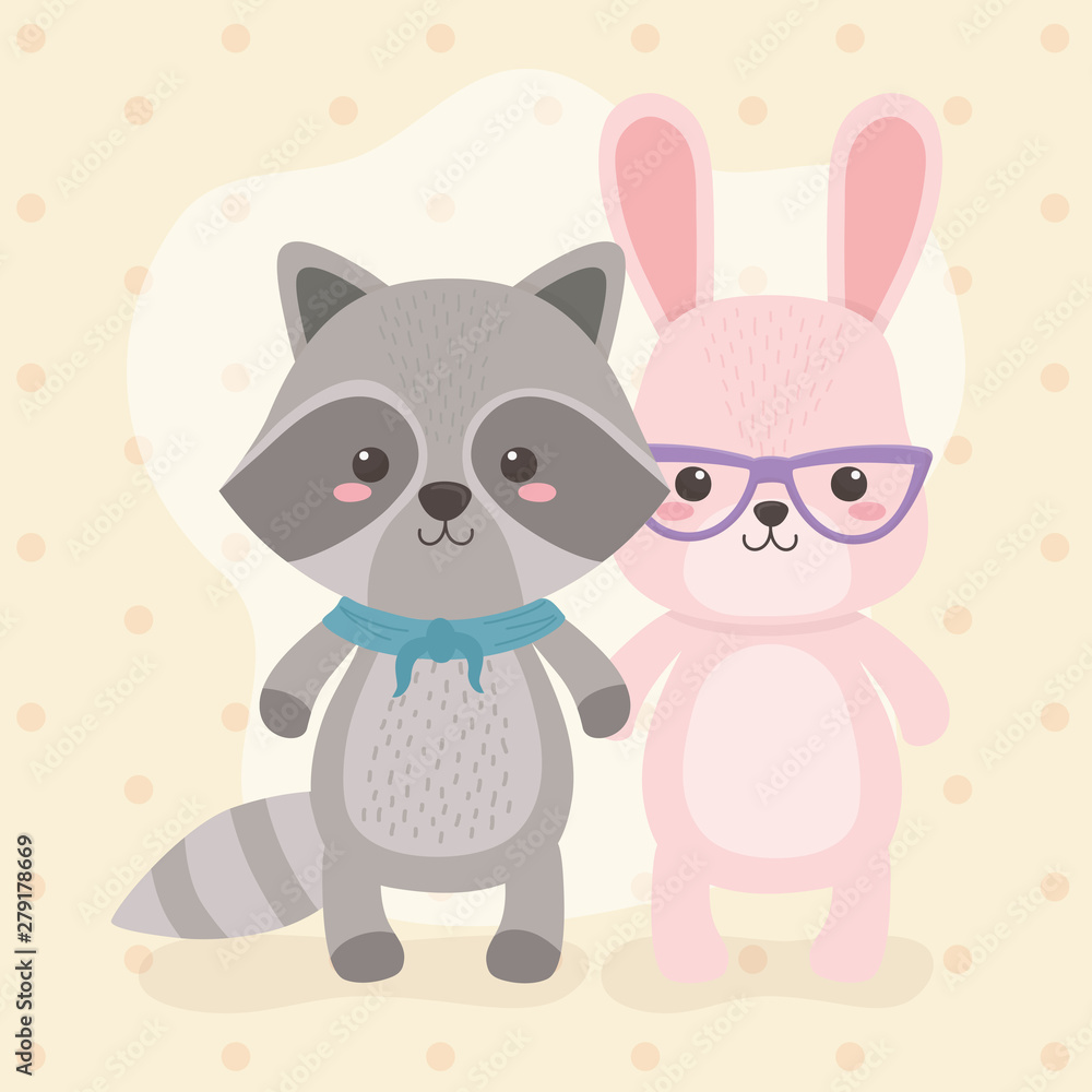 cute and little raccoon and rabbit characters