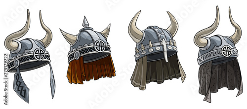 Cartoon metal viking warrior helmet with horns and runes. Isolated on white background. Vector icon set.